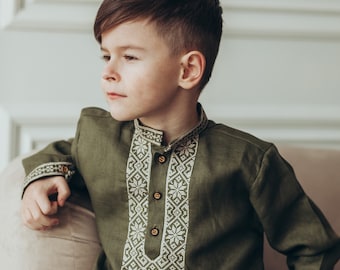 Traditional Ukrainian Boy’s Embroidered Shirt | Olive Linen Folk-Inspired Shirt with Intricate Embroidery