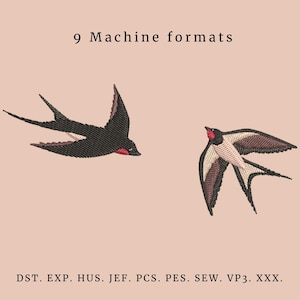 May include: Two embroidered swallow designs in flight, one black with red accents, the other cream, brown, and red. Text above reads "9 Machine formats." Below are embroidery file formats: DST, EXP, HUS, JEF, PCS, PES, SEW, VP3, XXX.