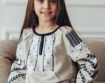 Ukrainian Vyshyvanka Sorochka for Girls, Linen Embroidered Folk Shirt
