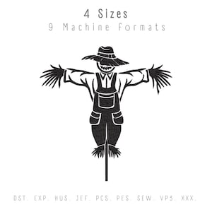 Pode incluir: Silhueta em preto e branco de um espantalho com um chapéu e os braços estendidos. O espantalho está em pé sobre um poste. O texto "4 Sizes" e "9 Machine formats" está abaixo da imagem. O texto "DST. EXP. HUS. JEF. PCS. PES. SEW. VP3. XXX." está abaixo da imagem.