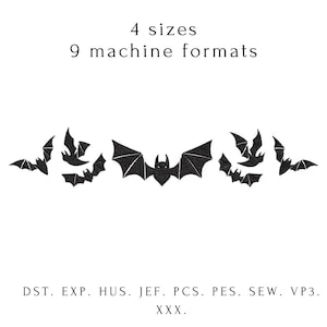 May include: Black bat embroidery designs in various sizes and machine formats. The image shows a row of bats with outstretched wings, ideal for Halloween or gothic-themed projects. The text indicates 4 sizes and 9 machine formats.