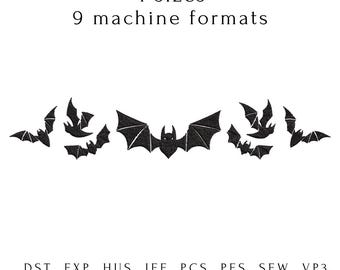 Diseño de bordado de murciélagos voladores para Halloween: 4 tamaños, archivo de bordado a máquina con borde de murciélago