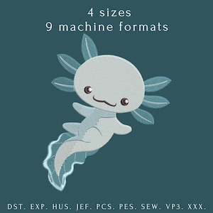Kawaii Axolotl maskinbroderidesign – djurfil (4 storlekar, PES DST JEF...)