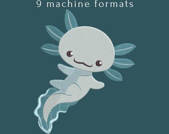 Kawaii Axolotl Machine Embroidery Design – Animal File (4 Sizes, PES DST JEF...)