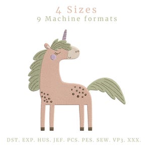 May include: A pink unicorn with a green mane and tail, brown spots, and a purple horn. The image includes the text "4 Sizes" and "9 Machine formats".