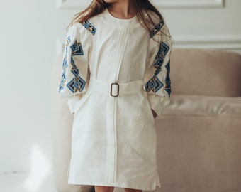 2024 Embroidered Vyshyvanka Linen dress for girl. Ukrainian. Linen embroidered dress. Embroidered linen vyshyvanka midi dress