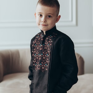 Linen Embroidered black Shirt  for boy&#39;s, Ukrainian Vyshyvanka Sorochka for boy&#39;s, Ukrainian Shirt with Embroidery for boy