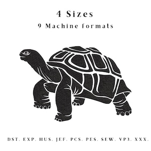May include: Black and white silhouette of a turtle. The image includes the text "4 Sizes" and "9 Machine formats".  The text "DST. EXP. HUS. JEF. PCS. PES. SEW. VP3. XXX." is also included.