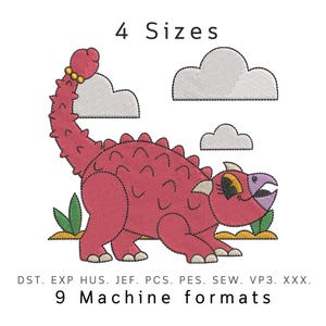 Disegni da ricamo di dinosauri - Disegno da ricamo di dinosauro rosso dei cartoni animati con punte, modello da ricamo a macchina, telaio in 4 misure