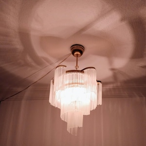 Art Deco VintageChandelier 80s Pendant Light Single Milk Glass Stick Ceiling Lighting