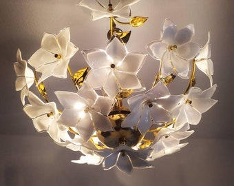 Art Deco Retro Vintage Murano Milk Glass Chandelier LED Semi Flush Basket Ceiling Light Fixture Wedding Dining Room Entryway Halllighting