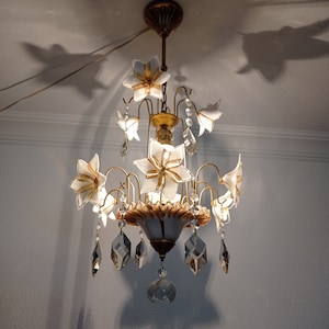 Single Vintage Murano White Gold Colored Chandelier Ceiling Light Fixture