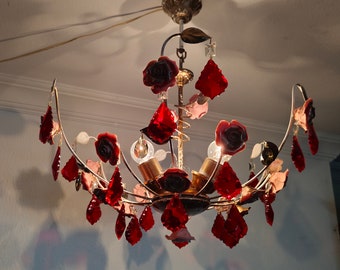 Lampadario in cristallo rosso Vintage con rose in porcellana oro rosa Art Deco Lampada a sospensione a soffitto a isola retrò anni '80