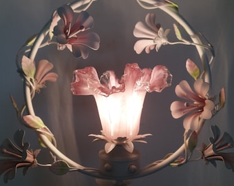 Single Vintage Murano Pink Glass Wrought Iron Chandelier Ceiling Light Fixture Lamp