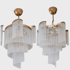 Pair Matching Art Deco VintageChandelier 80s Pendant Light Single Milk Glass Stick Ceiling Lighting