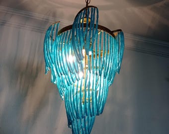 Art Deco Chandelier: Vintage 80s Blue Glass Bead Pendant Light