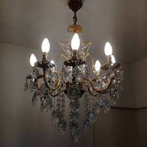 Antique Vintage Brass Chandelier Cut Crystal Ceiling Light Fixture Lighting Dining Room or Hallway