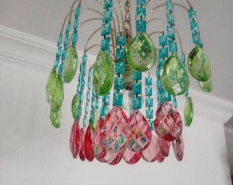 Bohemian Art Deco Retro 80s Single Island Light Ceiling Pendant Light Vintage Pink Green Crystal  Chandelier Dining Room