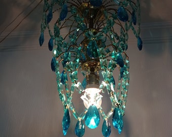 Crystal Chandelier Vintage Blue Turquoise Colored Art Deco Retro 80s Island Light Ceiling Pendant