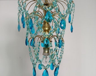 Lampadario di cristallo Lampada a sospensione a soffitto a isola Art Deco retrò anni '80 color blu turchese vintage