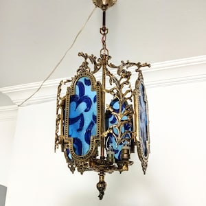 Antique Brass Stained Glass Chandelier Lighting Vintage Blue Basket Ceiling Light in French Style