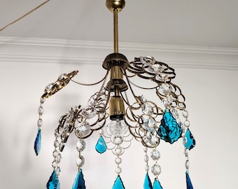 Lampadario a sospensione singolo in cristallo vintage blu Art Déco retrò anni '80 a isola