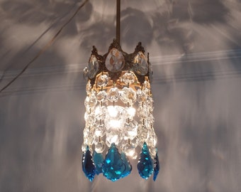 Vintage Blue Crystal  Chandelier Art Deco Retro 80s Single Island Light Ceiling Pendant Light Dining Room