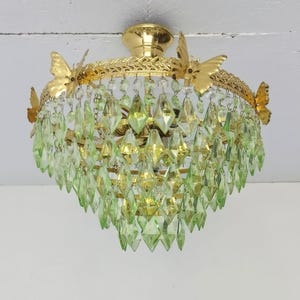 Crystal Chandelier Butterfly Semi-Flush Mount Vintage Green Colored Basket Ceiling Fixture Lamp Light Fixture  Lighting Home Decor 3 lamp