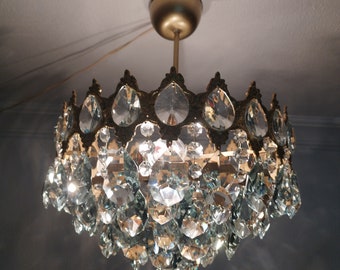 Lampadario in cristallo al piombo Vintage Art Déco retrò anni '80 Lampada a sospensione a soffitto a isola con luce