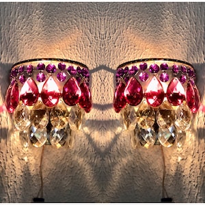 Antique Vintage Pair Crystal Wall Sconces Hand Painted Pink Purple LED Fixtures for Bathroom or Dining Room