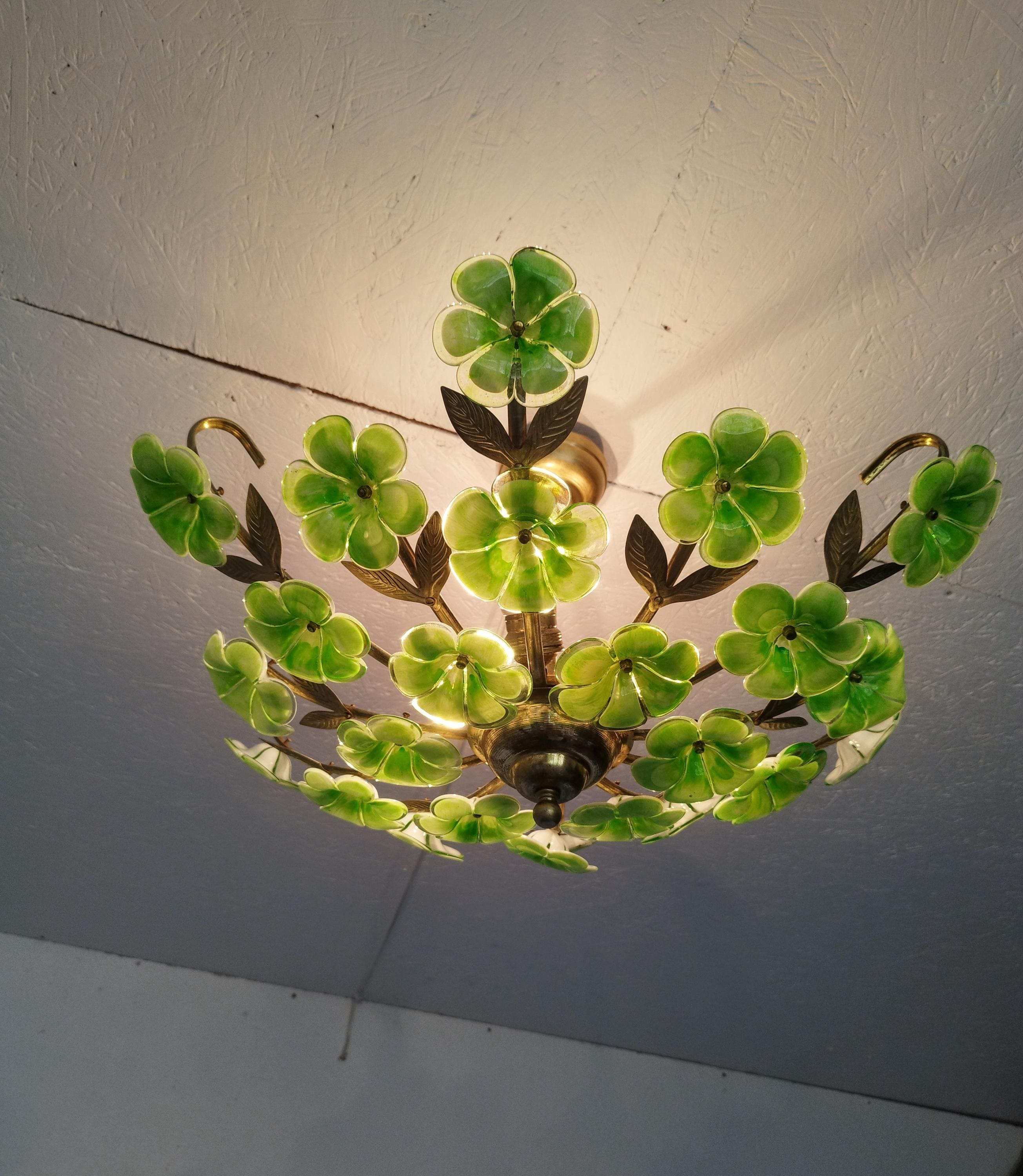 Green Murano Glass Flush Mount – Vintage Chandelier Floral Ceiling Light – Hand Painted 1970s Style
