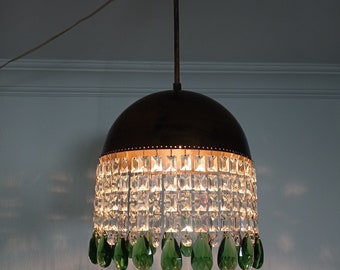 Lampadario in cristallo in ottone vintage verde Art Déco retrò anni '80 lampada a sospensione a soffitto a isola