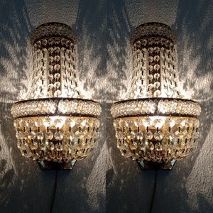 Vintage Pair Crystal Gold Wall Sconces Elegant Bathroom or Dining Room Light Fixtures