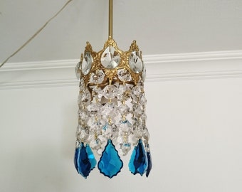 Vintage Blue Crystal  Chandelier Art Deco Retro 80s Single Island Light Ceiling Pendant Light Dining Room