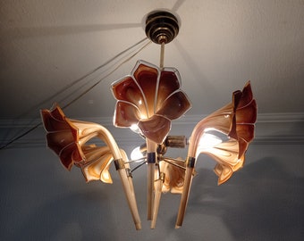 Vintage Murano Calla Lily Chandelier Brown Milk Glass Basket Ceiling Light for Island or Dining Room