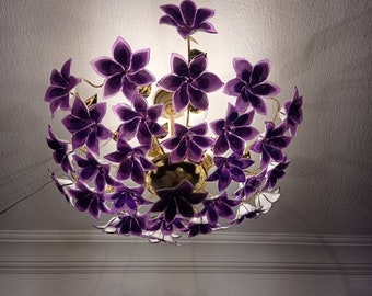 Vintage Murano Purple Calla Lily Chandelier Semi-Flush Mount Hand Painted Basket Ceiling Light Fixture