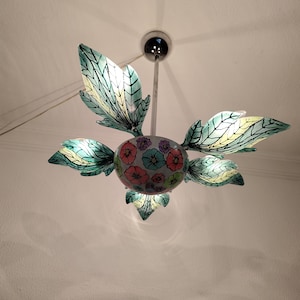 Vintage Leaf Flowers Stained Glass Style Green Colored Chandelier Ceiling Fixture Lamp Light  Lighting