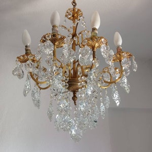 Antique Vintage Brass Chandelier Cut Crystal Ceiling Light Fixture Lighting Dining Room or Hallway