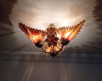 Lampadario vintage in vetro lattimo marrone di Murano dipinto a mano con giglio di calla, lampadario a isola, lampada da soffitto, lampada da soffitto, lampada da sala da pranzo
