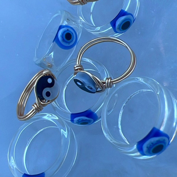 Evil Eye Statement Resin Clear Transparent Protection Ring Chunky Band