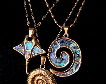 Gold Spiral, Abalone Manta Ray, Nautilus Necklace – Waterproof Boho Beach Ocean Jewelry Tarnish free Summer Gift