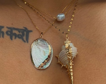 Seashell Summer Beach Gold Jewelry Shell Abalone Conch Pearl siren mermaid hippie necklace chain gift for her