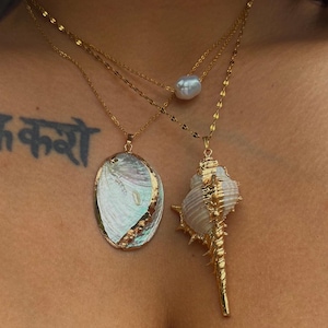 Seashell Summer Beach Gold Jewelry Shell Abalone Conch Pearl siren mermaid hippie necklace chain gift for her