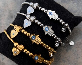 Waterproof Dainty Protection Hamsa Evil Eye Good Luck Bracelets Stainless Steel Trendy Gift for Her Fortune good energy