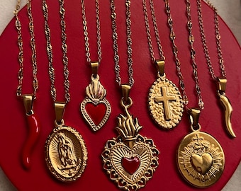 Minimalist Dainty Gold Tarnish Resistant Religious Italian horn Cornicello Cross Sacred Heart Hypoallergenic Jewelry Chain Necklace Gift