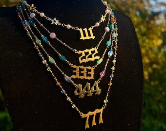 14k Gold Lucky Spiritual Angel Number Necklace Tarnish Resistant Nickel Free Chain Gift Jewelry 111 222 333 444 555 666 777 Energy Beaded