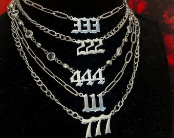 Silver Punk Rock Lucky Spiritual Angel Number Necklace Tarnish Resistant Nickel Free Chain Gift Jewelry 111 222 333 444 555 666 777 Energy