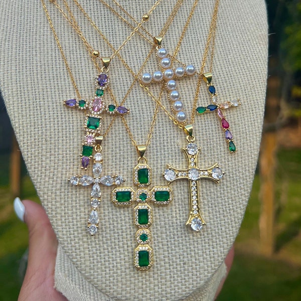 Minimal Divine Gold Cross Necklace Jewel Tone Gothic Celtic Chain Christian Religious Catholic Gift Baptism Jewelry Spirituality