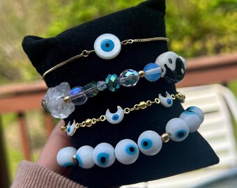 Evil Eye Protection Bracelet Set Gold Angel Number Spirituality Blue Energy Healing Self Good luck Stack Bracelets Gift Moon Adjustable