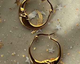 Crescent Moon Gold Clicker Waterproof Hoop Earrings stainless steel Tarnish free Jewelry Minimalist Celestial whimsical